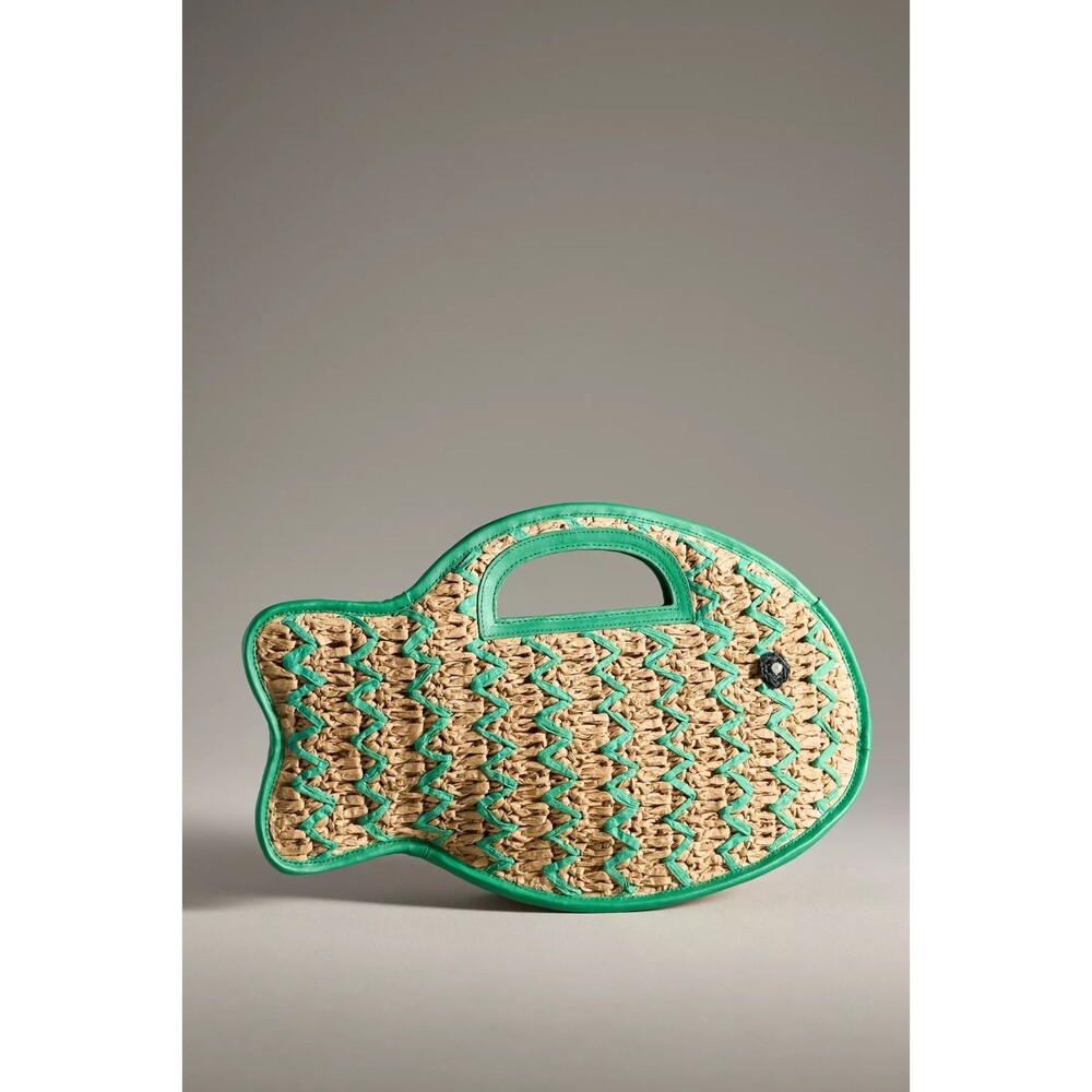Anthropologie Raffia Fish Top-Handle Bag Green NEW